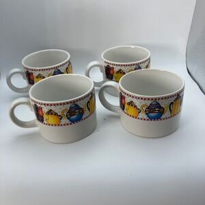 Mary Engelbreit Sakura Afternoon Tea Cups Mugs Set of 4 1994 Stoneware Vintage